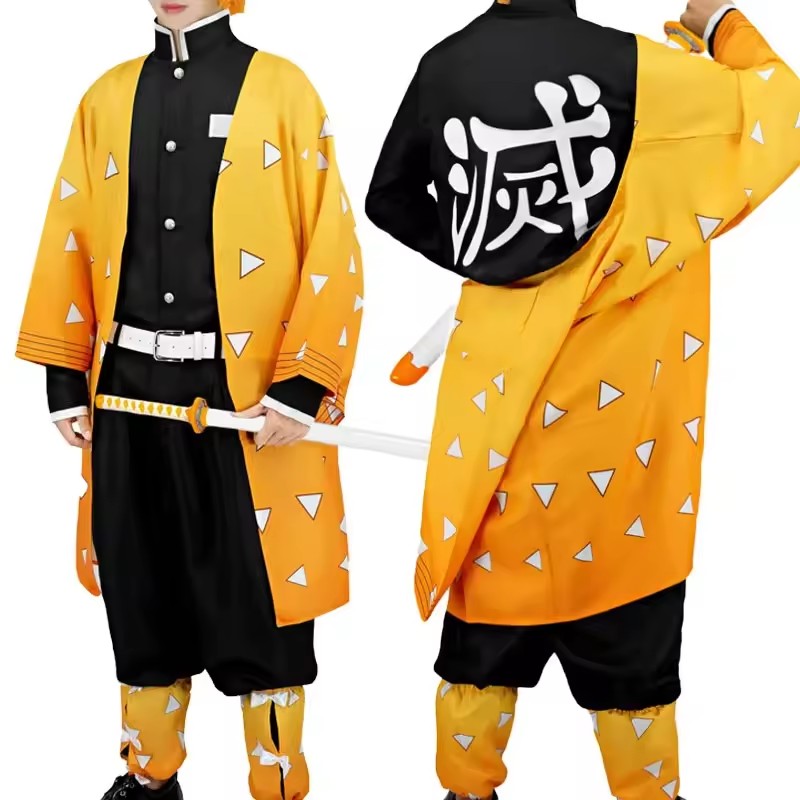 Cosplay Anime Zenitsu - アニメ我妻善逸コスプレ衣装かつら靴男性用着物黄色のマント衣装