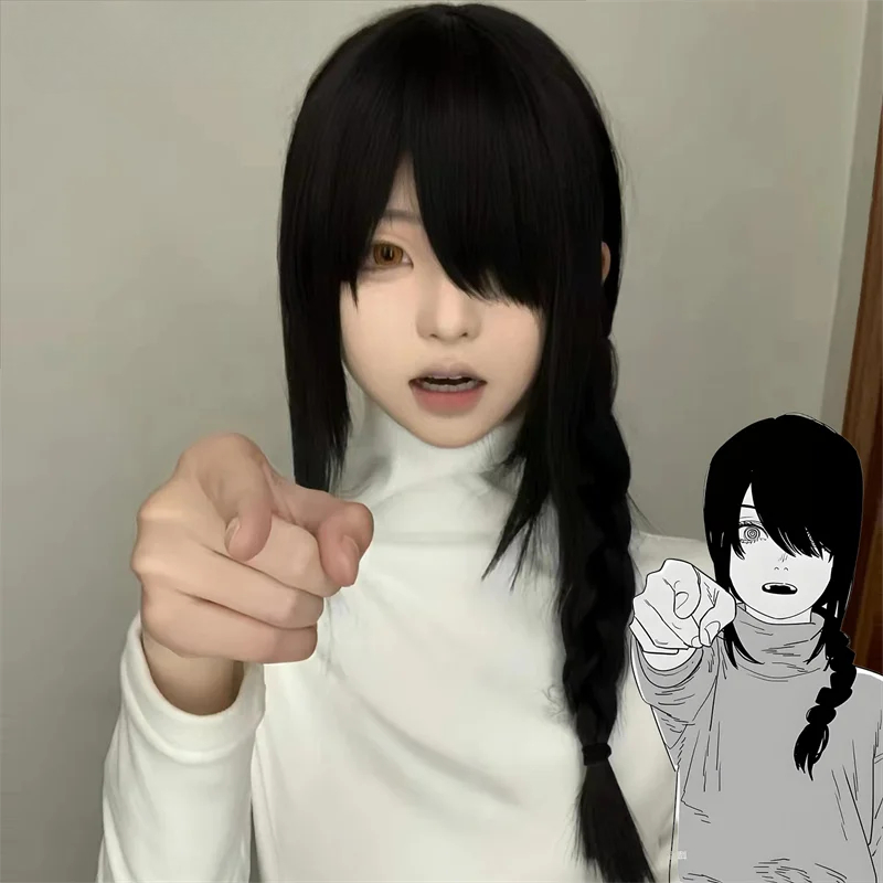 Anime Cosplay Chainsaw Man - アニメチェーンソーマンナユタ大人のコスプレウィッグ黒ロング三つ編みヘア耐熱合成かつらハロウィンカーニバル小道具