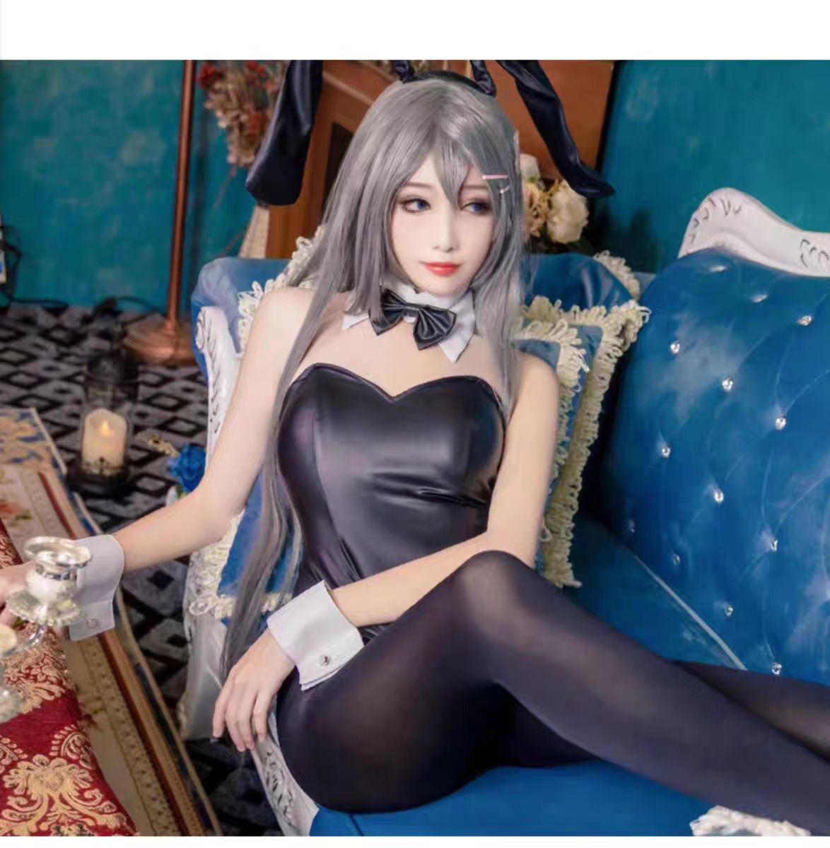 Anime Cosplay Girl - セクシーなバニーガール桜島麻衣コスプレ衣装ジャンプスーツバニーセンパイ桜島麻衣コスプレフェイクレザーウサギボディスーツ女性