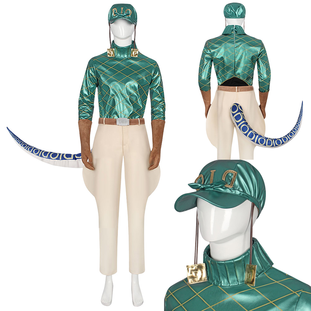 Jojo Bizarre Hat - アニメジョジョコスプレ奇妙な冒険ディエゴ・ブランドコスチュームテールハットセット男性緑服男性ロールプレイハロウィンパーティースーツ