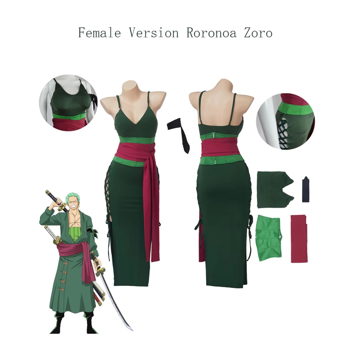 Cosplay Anime Zoro - ロロノア・ゾロ コスプレ衣装 女性用 グリーンスパゲッティストラップスリットロングドレス 赤いサッシュ付き アニメコス衣装