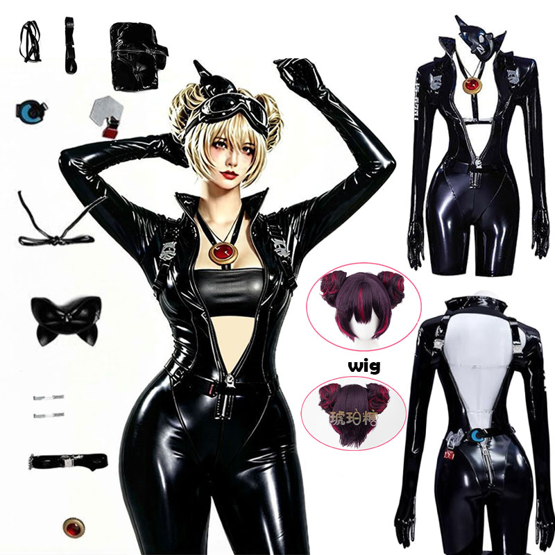 Anime Cosplay Outfits For Women - WHH アニメニッケクエンシーコスプレ衣装黒のボディスーツマスクベルト付き素敵なステッチコスプレ衣装女性ロールプレイパーティー