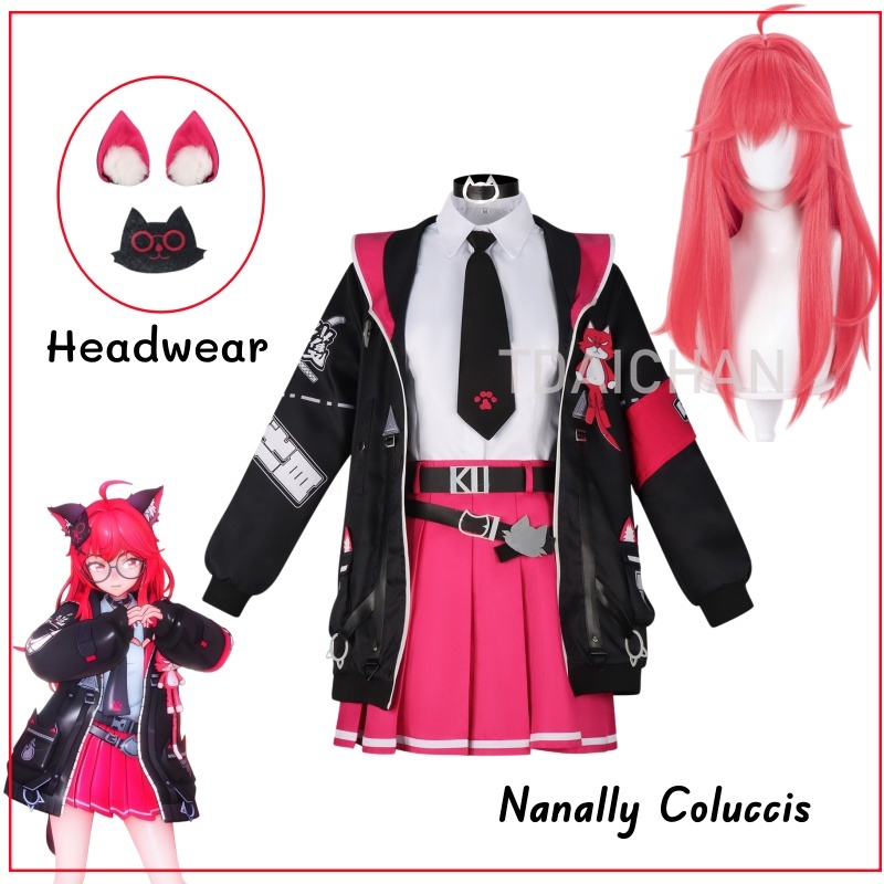 Anime Cosplay Pink - ネバーネス・トゥ・エバネス ナナリー・コルッチシ コスプレ衣装 フルセット ピンクウィッグ付き 猫耳メガネ