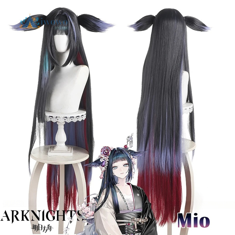 Cosplay Anime Black Hair - アークナイツ ミオ コスプレウィッグ 黒紫青 ロングストレートヘア ブラントバング付き