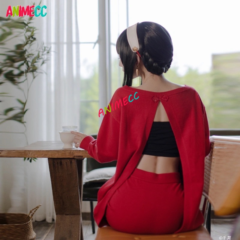 Anime Cosplay Yor - ANIMECC 在庫あり Yor Forger コスプレ衣装ウィッグアニメ赤いセータードレスウィッグヘアピンイヤリング靴下ハロウィンパーティー女性のための