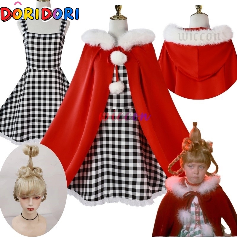 Kids Cosplay Anime - アニメシンディルーコスプレ衣装チェック柄ドレス赤いマントブロンドかつら女性子供ハロウィンクリスマスパーティーギフトスーツ