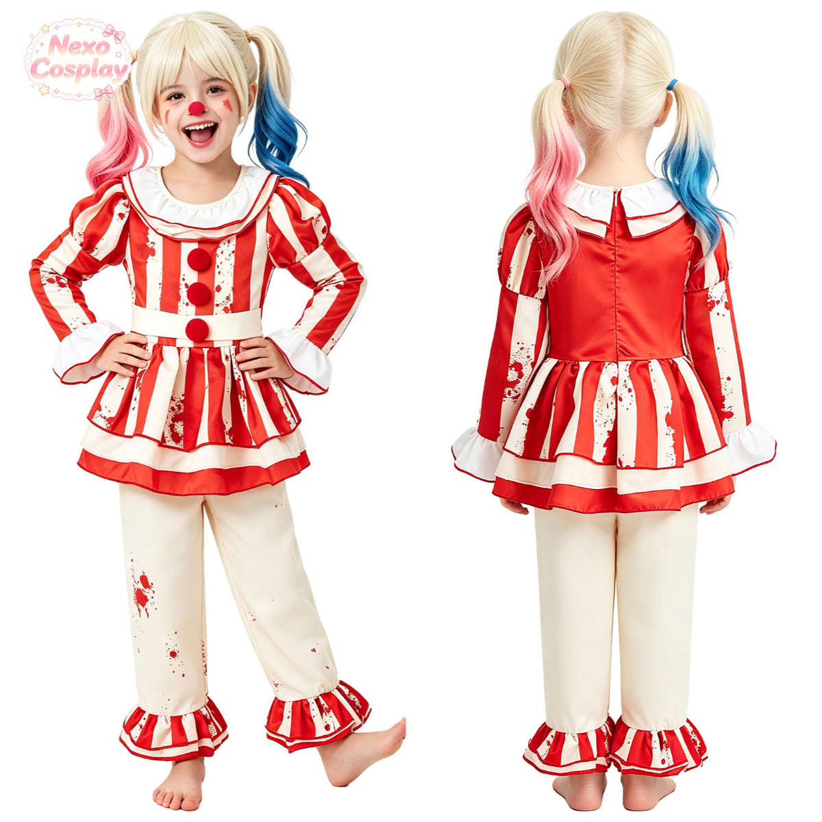 子供赤白ストライプホラークラウンスーツハロウィンコスプレ衣装 - Kids Cosplay Anime のレビューと価格