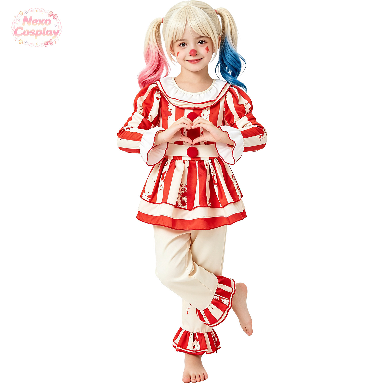 子供赤白ストライプホラークラウンスーツハロウィンコスプレ衣装 - Kids Cosplay Anime のレビューと価格