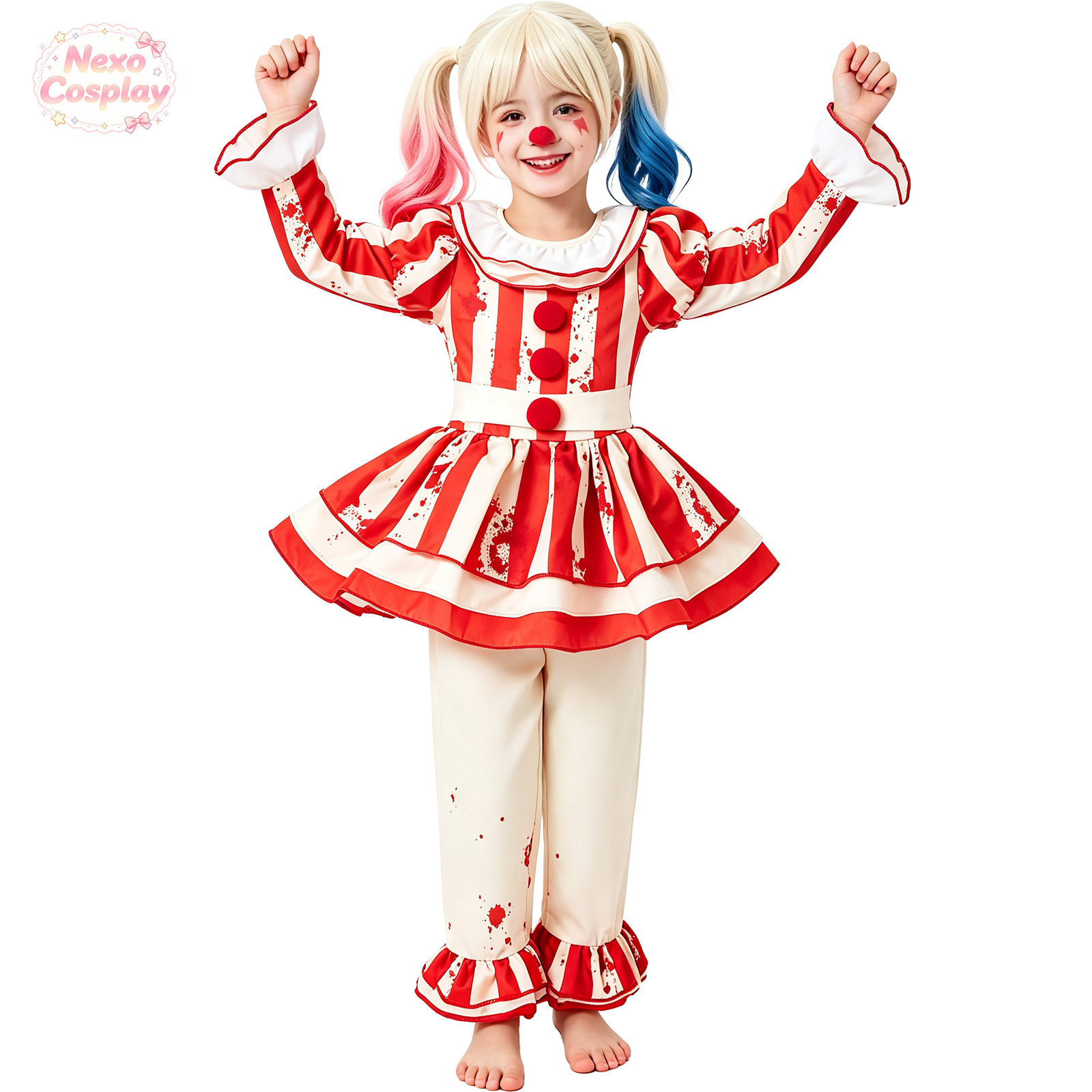 子供赤白ストライプホラークラウンスーツハロウィンコスプレ衣装 - Kids Cosplay Anime のレビューと価格